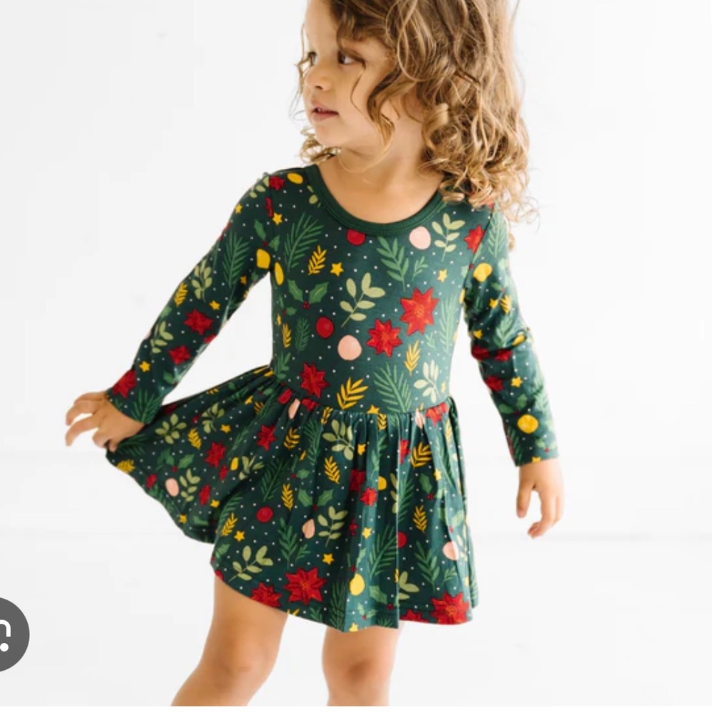 Girls' Green Holiday Floral Long-Sleeve One-Piece Dress